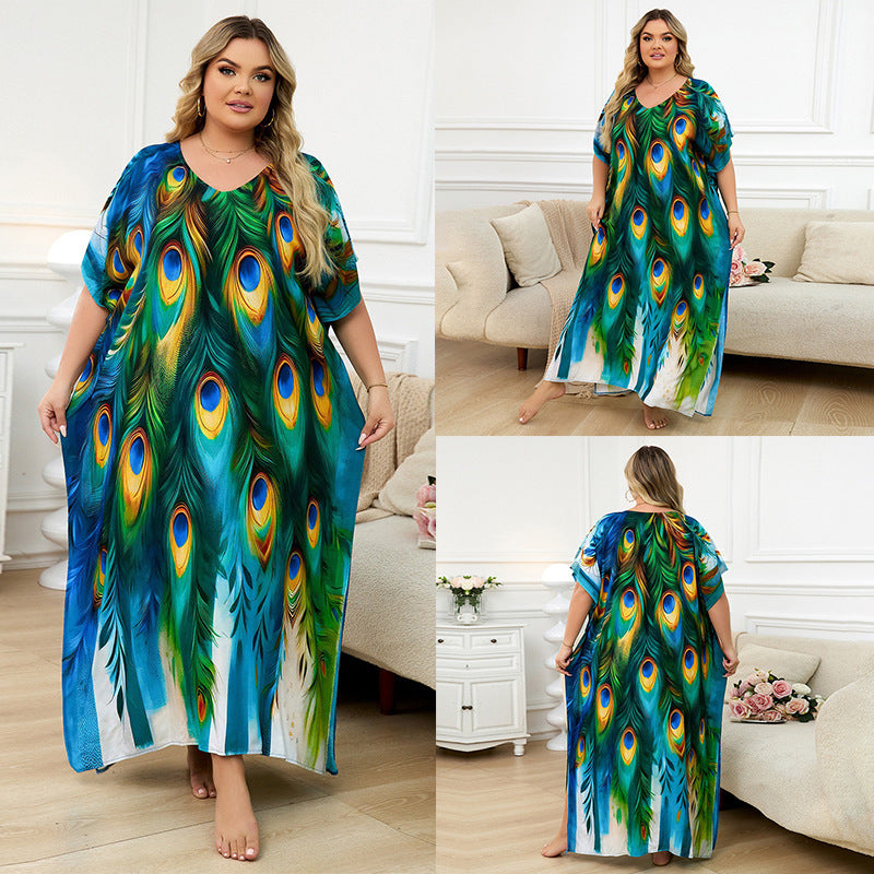 Rayon Positioning Print Holiday Loose Robe Beach Jacket Dress Bikini Cover up Blouse