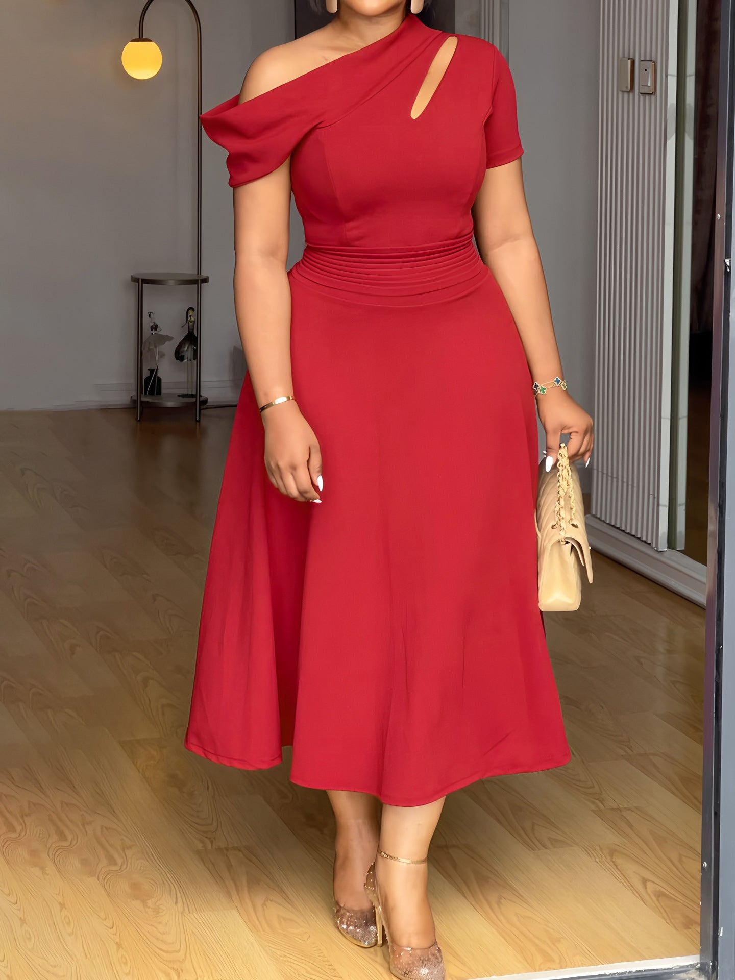 Women Casual off Shoulder Waist Solid Color A line Dress