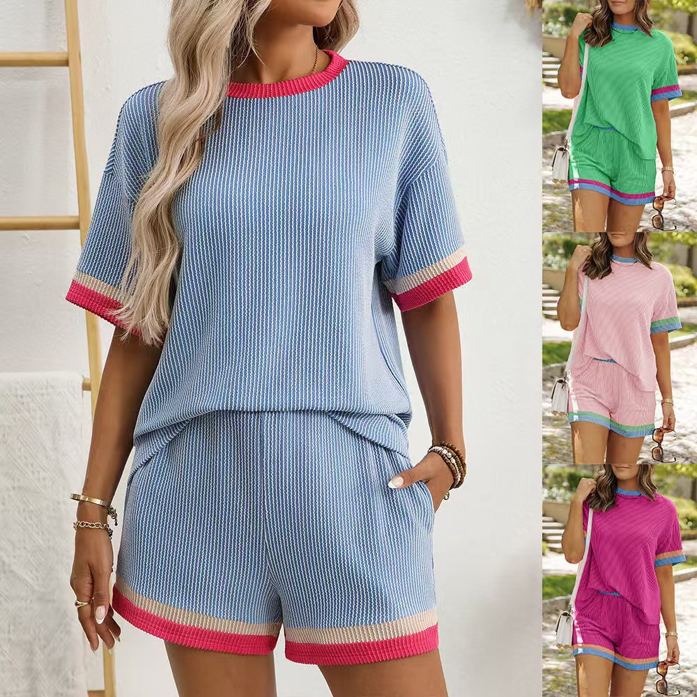 Women's Casual Versatile New Color Contrast Patchwork T-shirt Knitted Shorts