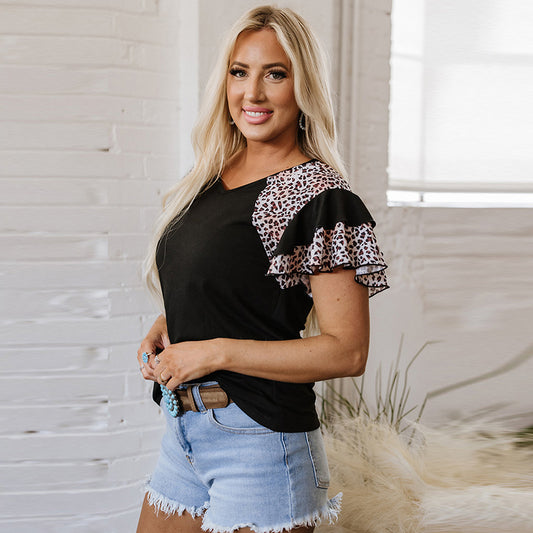 Fashion Leopard Splicing Layered Short-sleeved Summer New Retro Trendy Pullover For Women