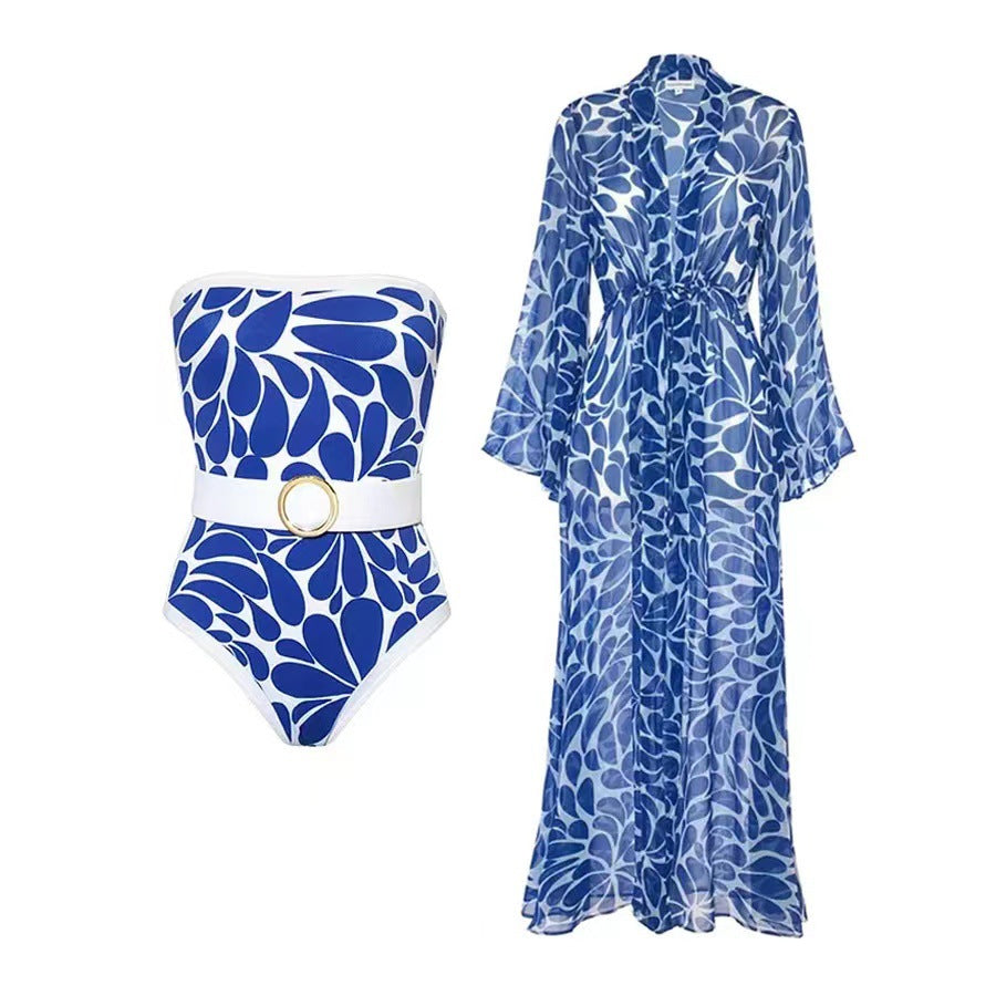 Printed One-piece Swimsuit Women's Long-sleeved Blouse cover- up