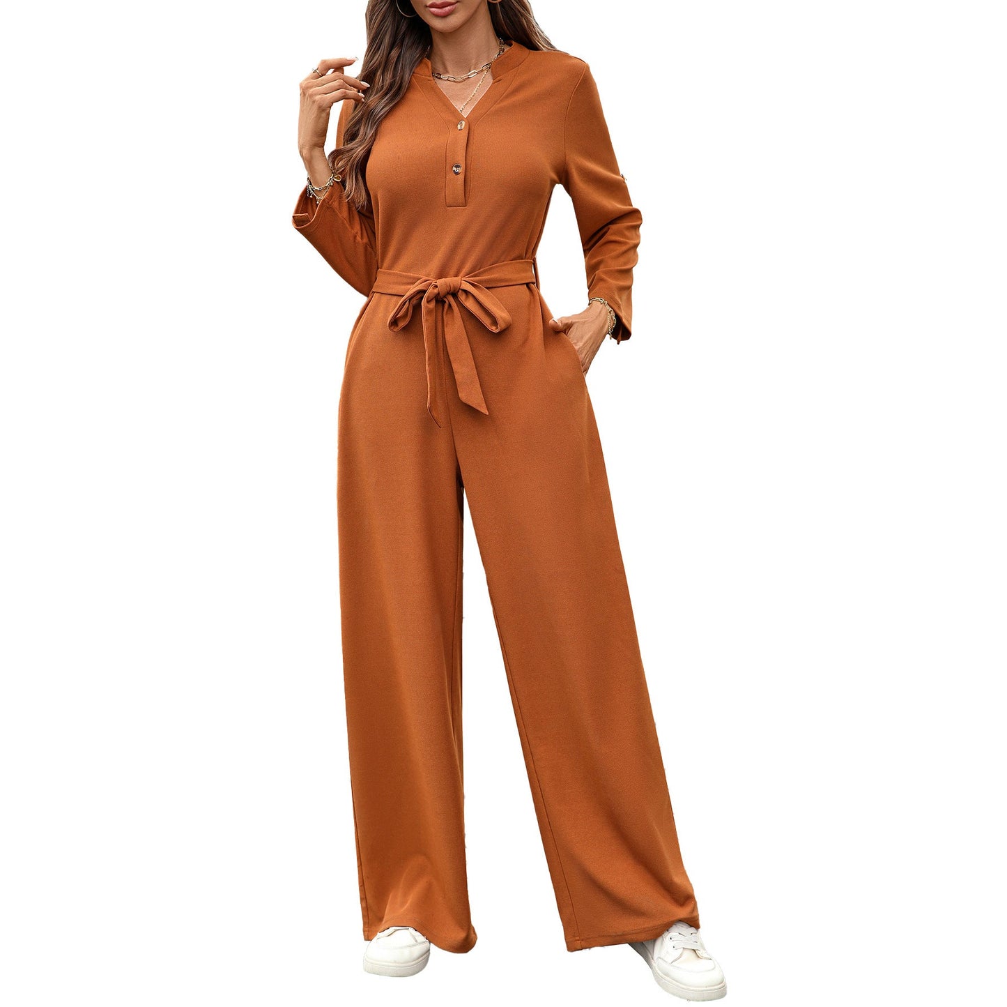 Spring Summer Solid Color High Waist Lace up Button Long Sleeve Loose Jumpsuit