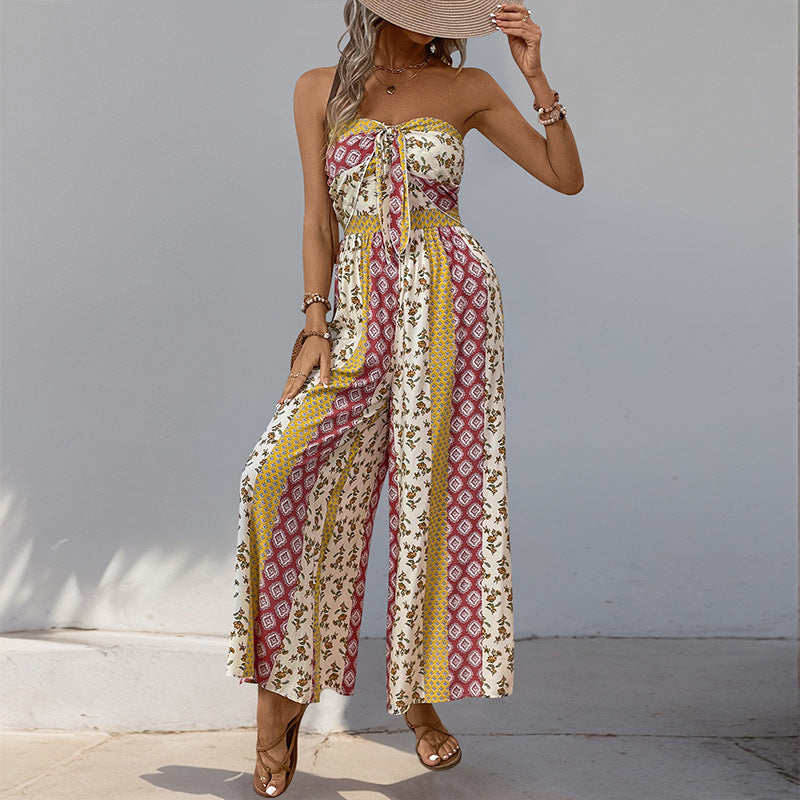 Summer Binding Jumpsuit Ethnic Print Casual Sleeveless Tube Top One Piece Wide Leg Pants