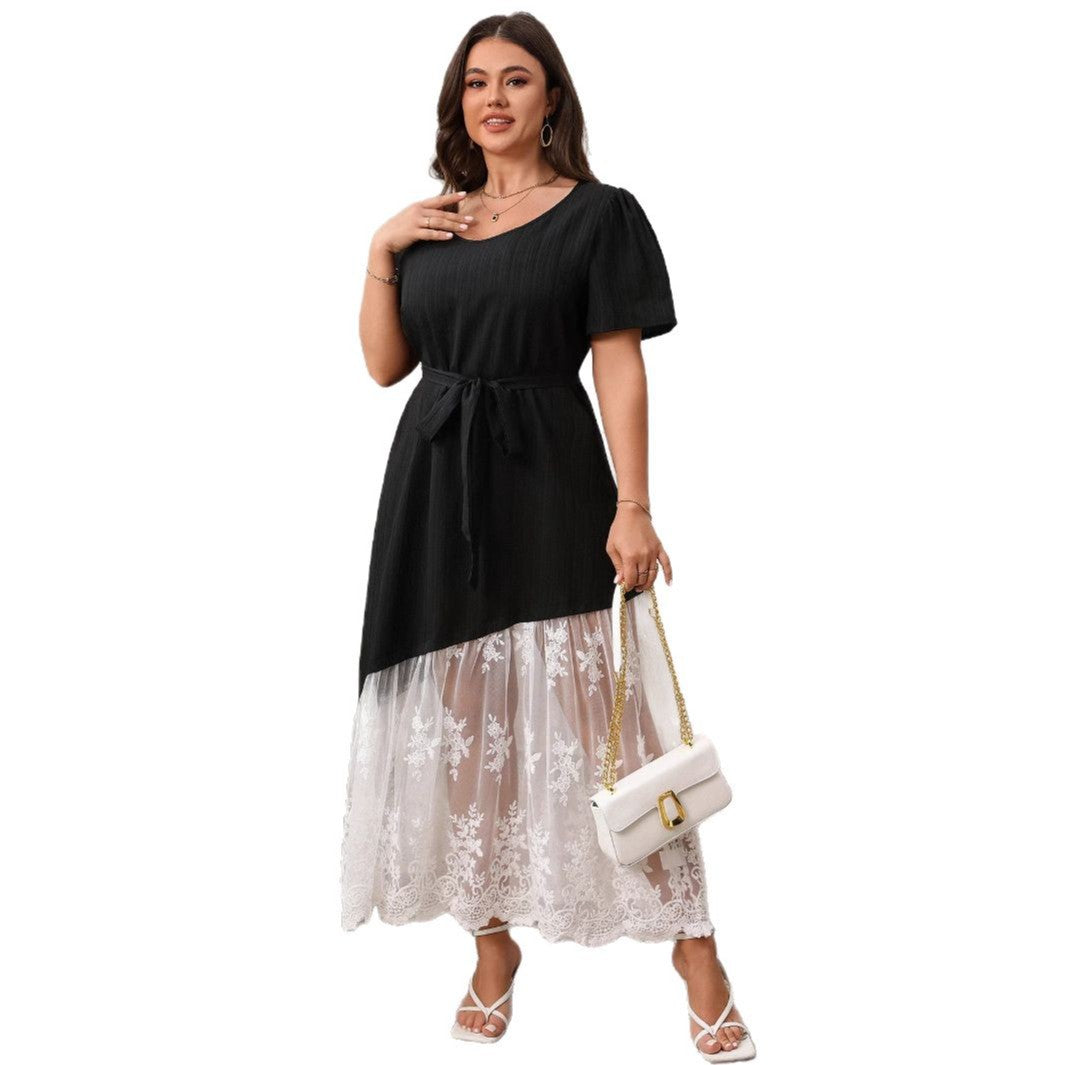 Stitching Lace Tie Waist Dress Loose