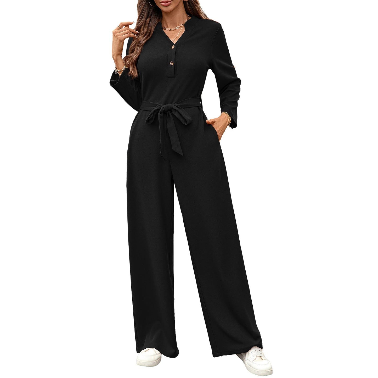 Spring Summer Solid Color High Waist Lace up Button Long Sleeve Loose Jumpsuit
