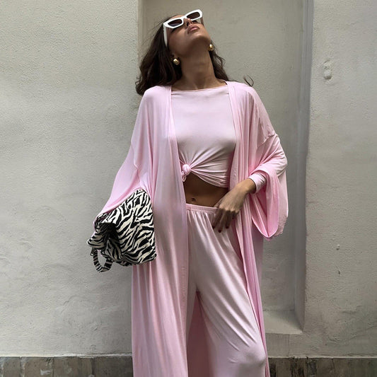 Summer Pajamas Three Piece Knitted Solid Color Top Trousers Loose Comfortable Home Wear