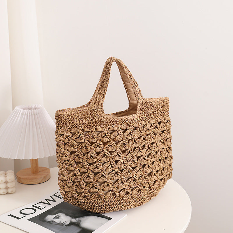 Hollow Out Cutout Floral Portable Straw Weaved Bag Large Capacity Woven Bag Seaside Vacation Beach Bag Women Handbag