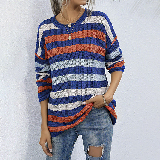Mid Length Autumn Winter Loose Striped Crew Neck Long Sleeves Bottoming Sweater Women
