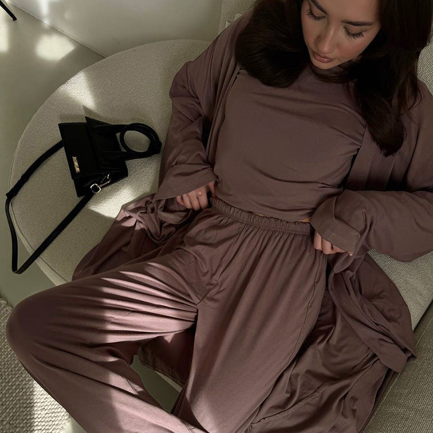 Summer Pajamas Three Piece Knitted Solid Color Top Trousers Loose Comfortable Home Wear