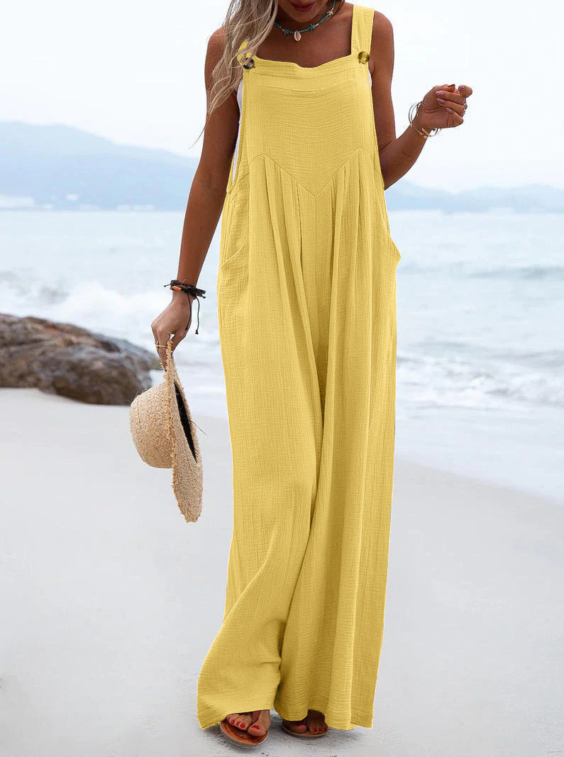 Women Clothing Summer Jumpsuit Ethnic Solid Color Wide Leg Jumpsuit