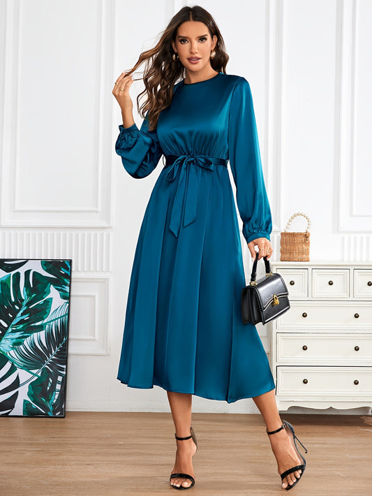 Satin Crew Neck Elegant Long Sleeve Tie Waist A-line Dress