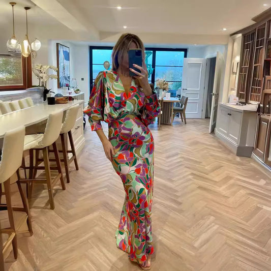 Floral V-neck Tight Waist Dress High-grade Sense
