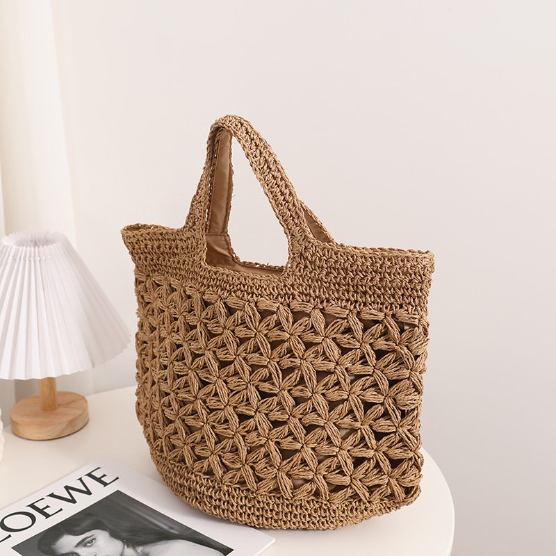 Hollow Out Cutout Floral Portable Straw Weaved Bag Large Capacity Woven Bag Seaside Vacation Beach Bag Women Handbag