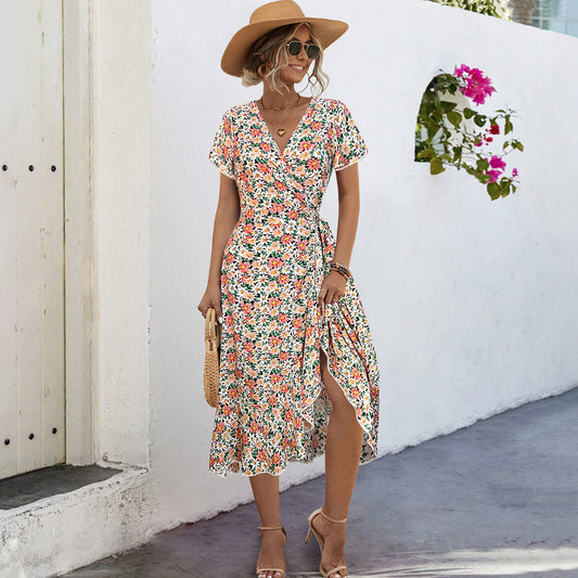 Women's Bohemian Cross V-neck Tie-shoulder Floral Long Dress