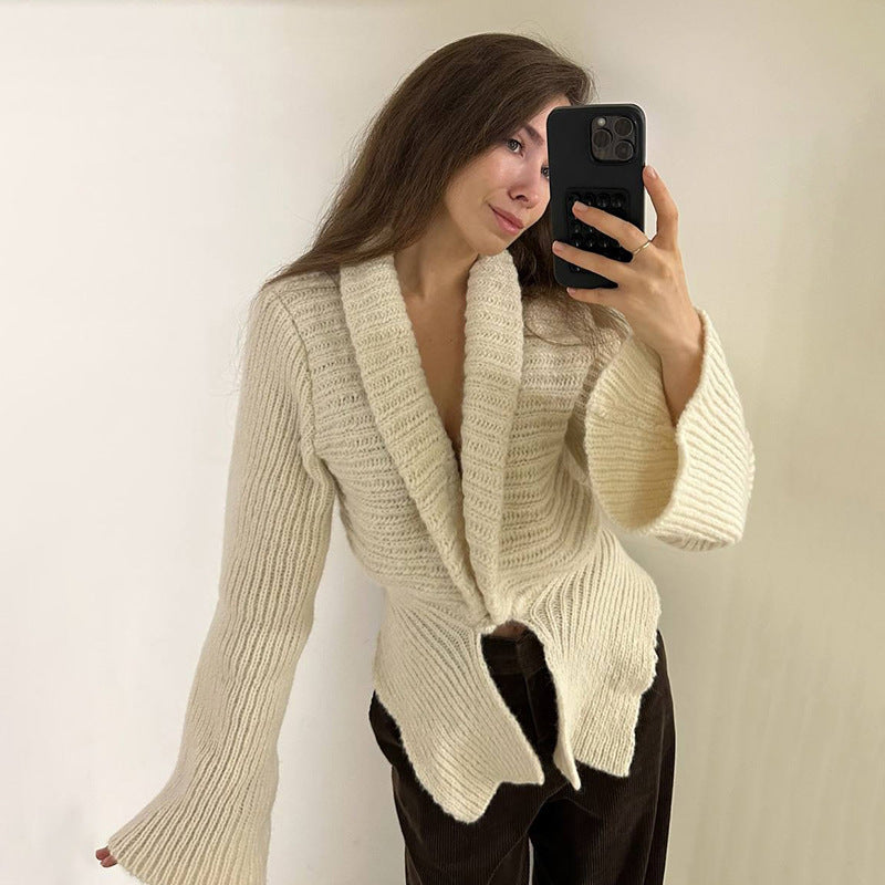 Autumn Winter Women Clothing Deep V Plunge neck Sexy Hollow Out Cutout Loose Sweater Cardigan Coat