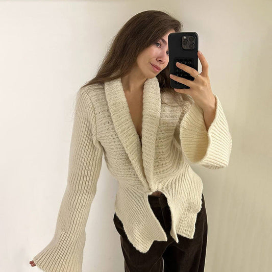 Autumn Winter Women Clothing Deep V Plunge neck Sexy Hollow Out Cutout Loose Sweater Cardigan Coat