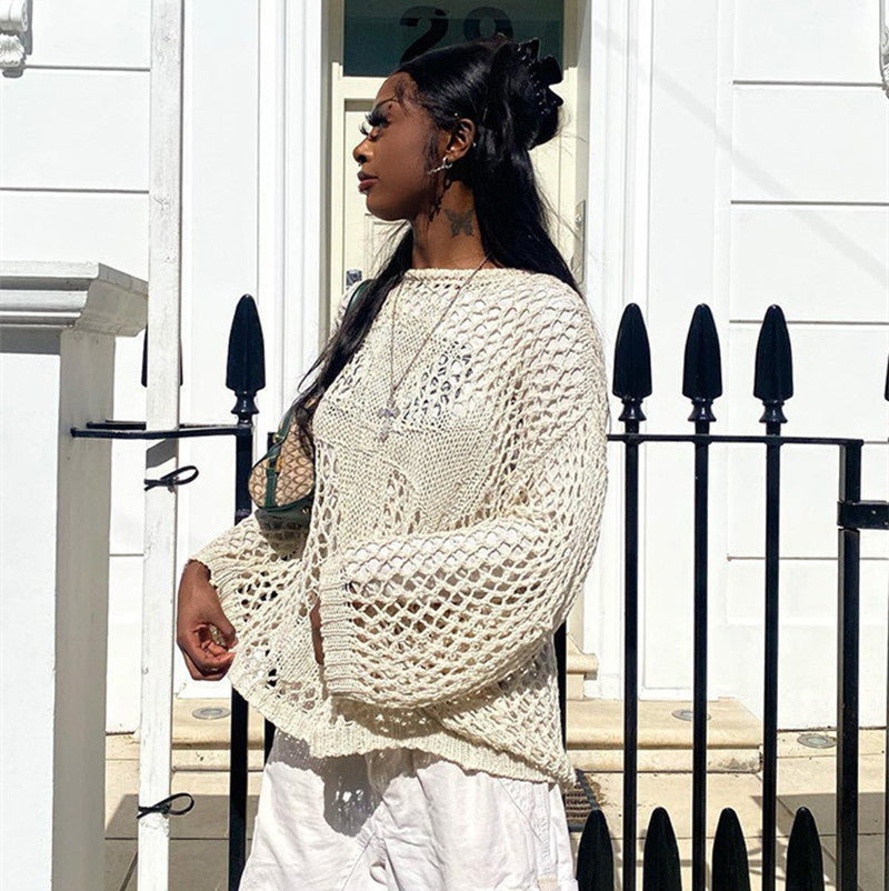 Round Neck Hollow Out Cutout Long Sleeved Criss Cross Blouse Summer See through Sexy Top Beach Sweaters