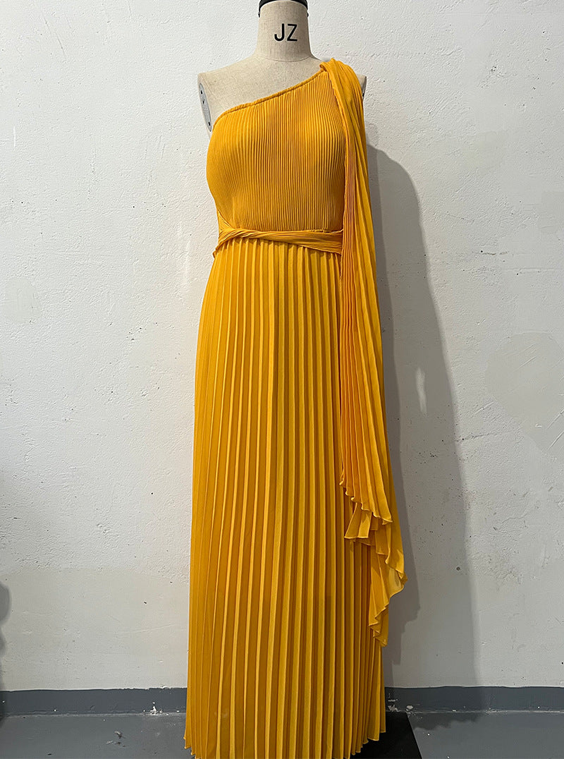 Diagonal Collar Raglan Sleeve Cinched Waist Slim-fit Long Dress
