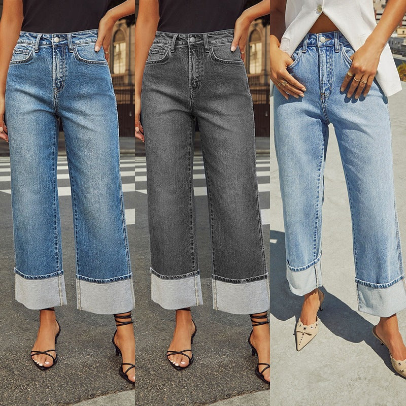 Retro Cuff  New Elastic Straight Jeans For Women