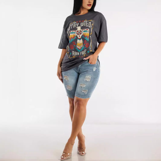 High Waist Ripped Denim Hip Lifting Short-length Pants