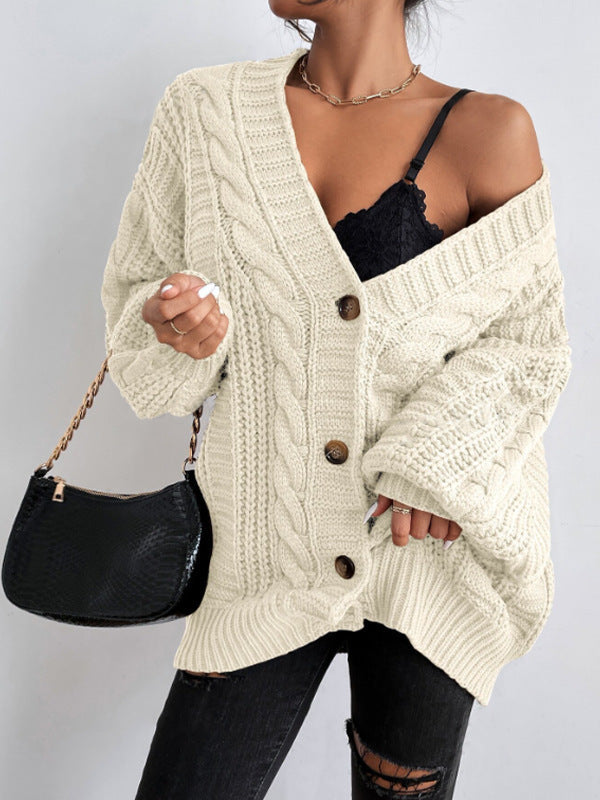 V neck Sweater Women Retro Loose Twist Lantern Sleeve Cardigan Knitted Coat