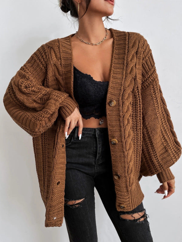 V neck Sweater Women Retro Loose Twist Lantern Sleeve Cardigan Knitted Coat