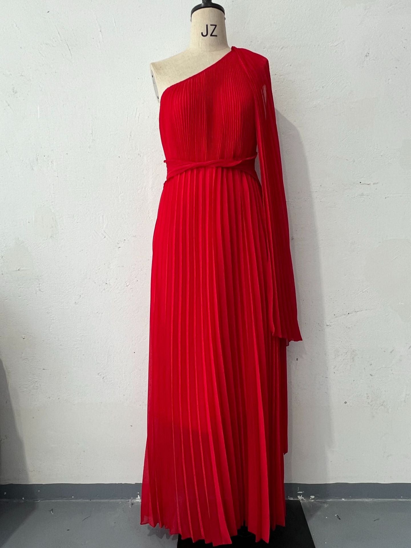 Diagonal Collar Raglan Sleeve Cinched Waist Slim-fit Long Dress