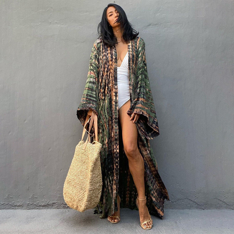 Rayon Printed Vacation Wide Sun Protection Shirt Beach Coat Beach Cover Up Swimsuit Outer Wear Long Cardigan