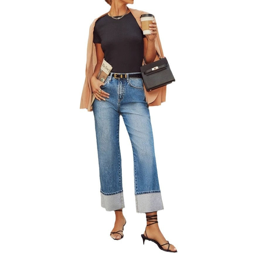 Retro Cuff  New Elastic Straight Jeans For Women