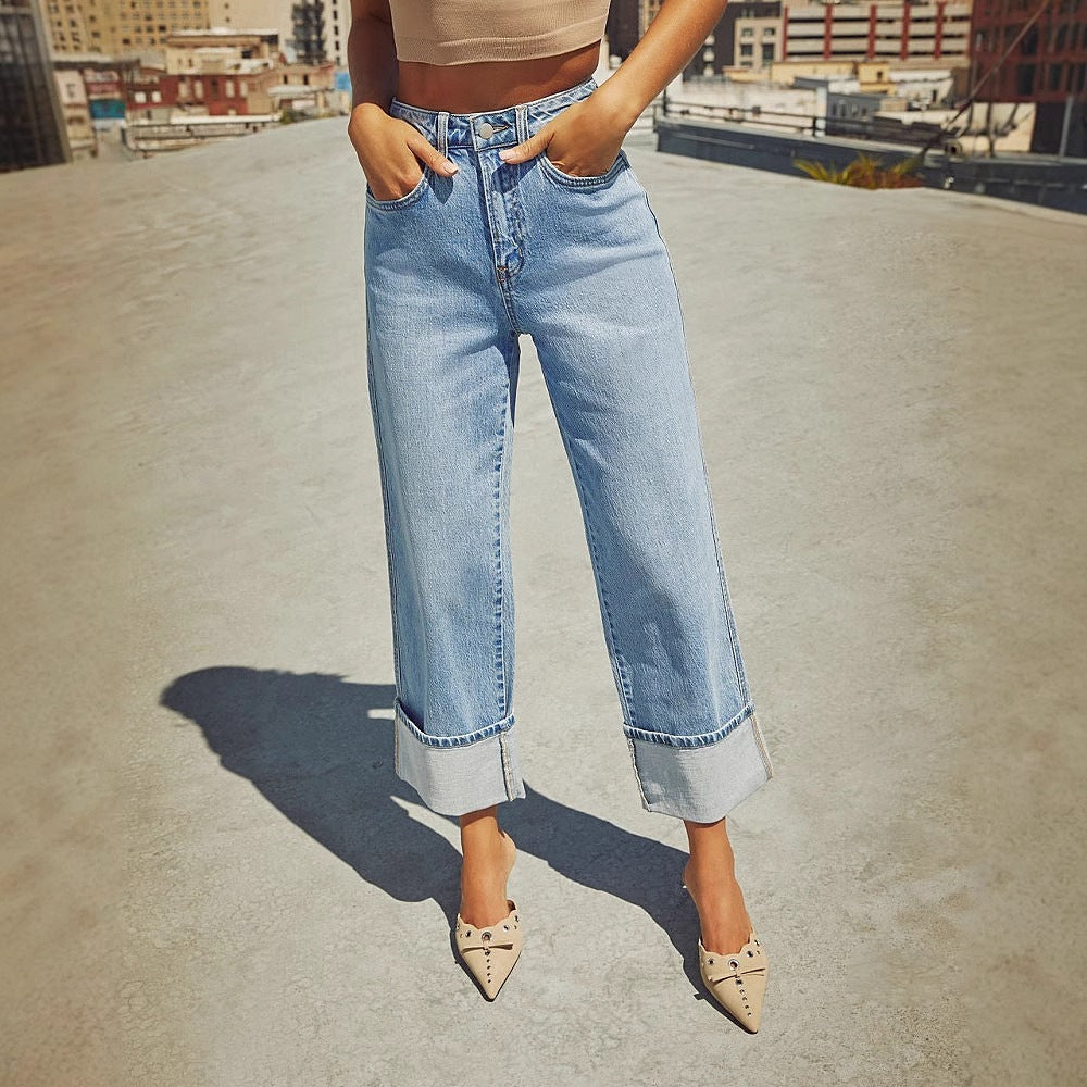 Retro Cuff  New Elastic Straight Jeans For Women
