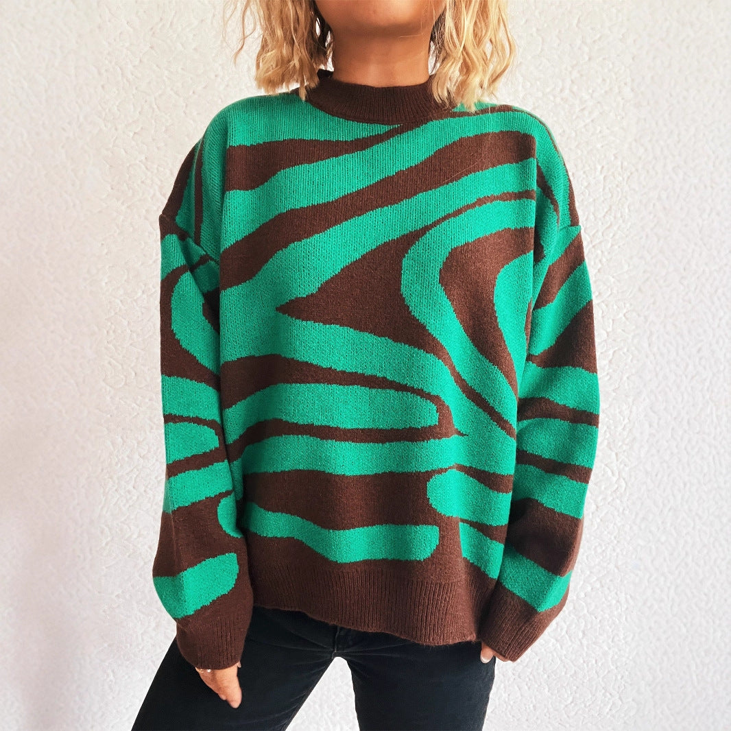Women Clothing Fall Knitted Pullover Zebra Pattern round Neck Shabby Sweater