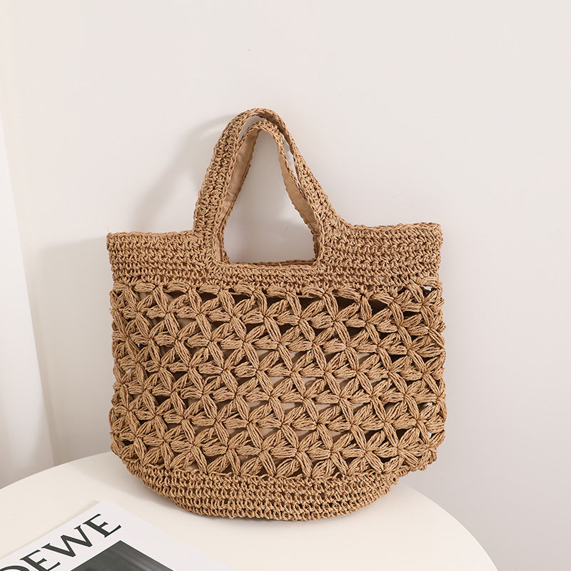 Hollow Out Cutout Floral Portable Straw Weaved Bag Large Capacity Woven Bag Seaside Vacation Beach Bag Women Handbag