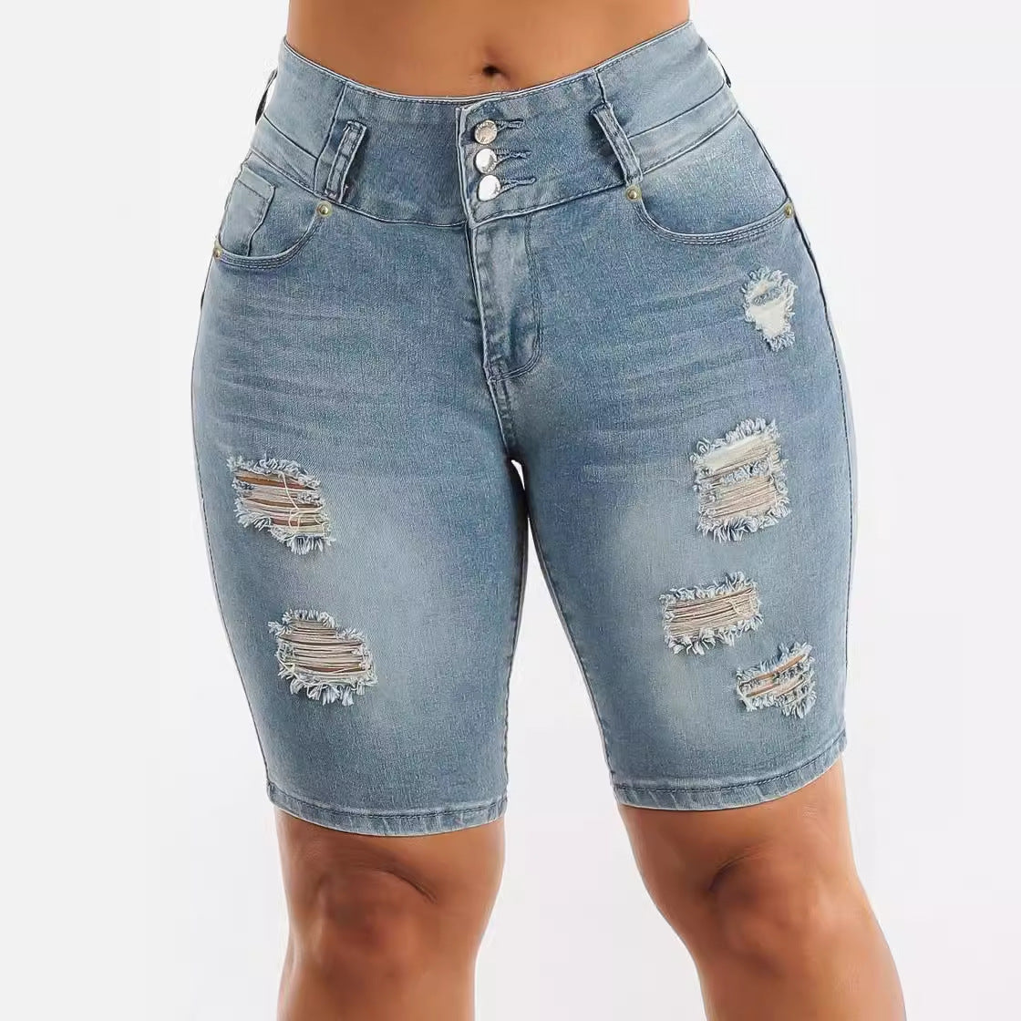 High Waist Ripped Denim Hip Lifting Short-length Pants