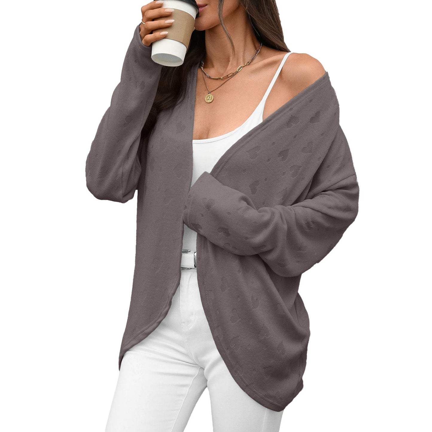 Autumn Winter Solid Color Long Sleeve Cardigan Knitted Jacquard Coat Office Cardigan