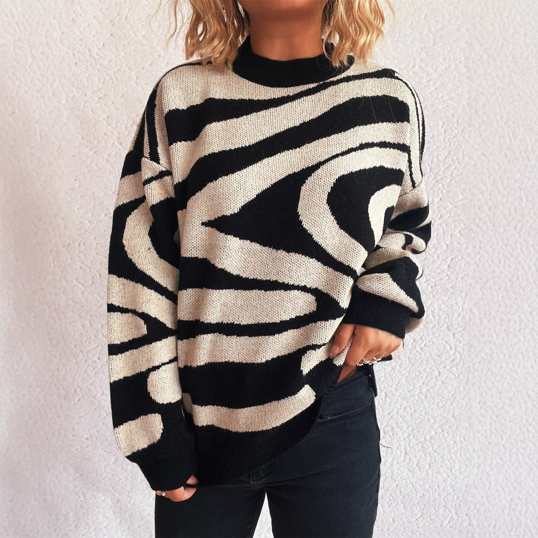 Women Clothing Fall Knitted Pullover Zebra Pattern round Neck Shabby Sweater