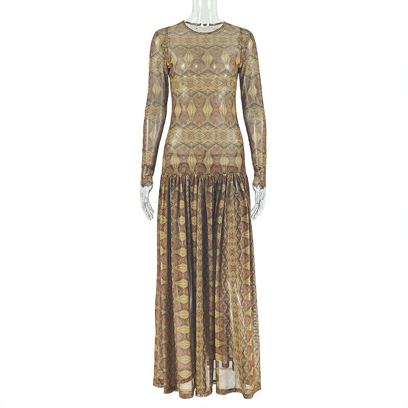 Elegant Retro Women Waist Slimming Micro Transparent A line Printing round Neck Long Sleeved Dress