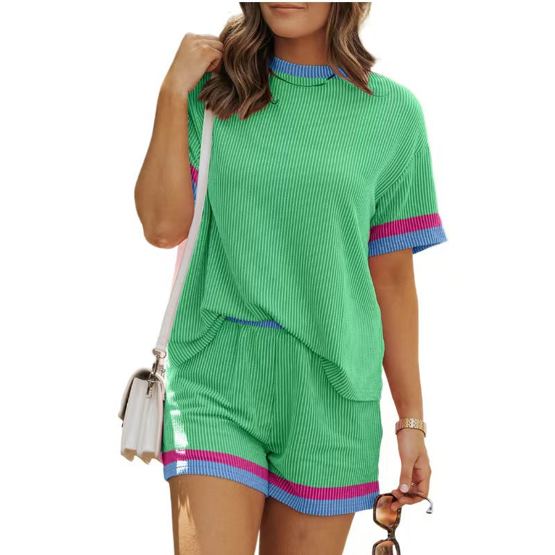 Women's Casual Versatile New Color Contrast Patchwork T-shirt Knitted Shorts