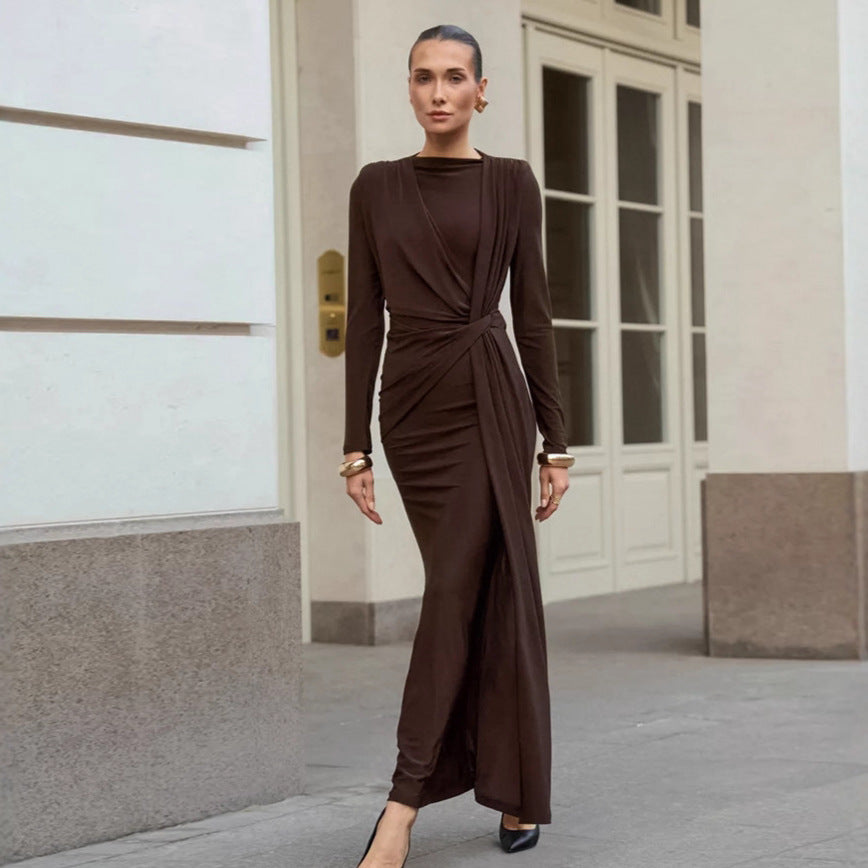 Autumn French Dress Maxi Dress Women Textured Waist Slimming Evening Dress