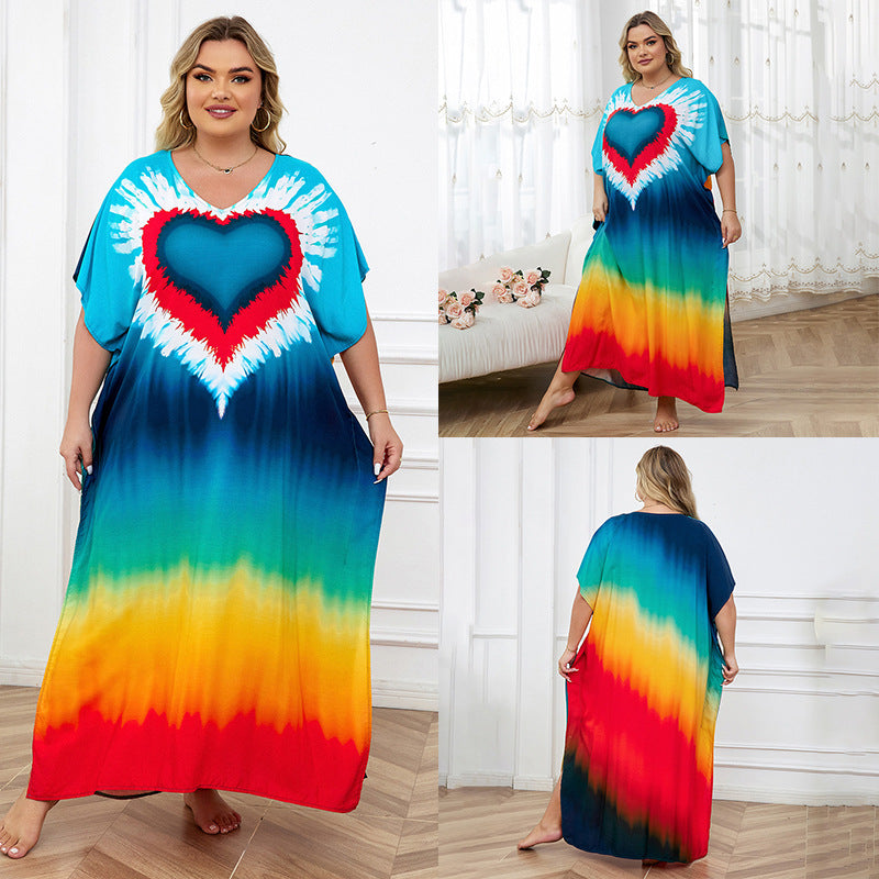 Rayon Positioning Print Holiday Loose Robe Beach Jacket Dress Bikini Cover up Blouse