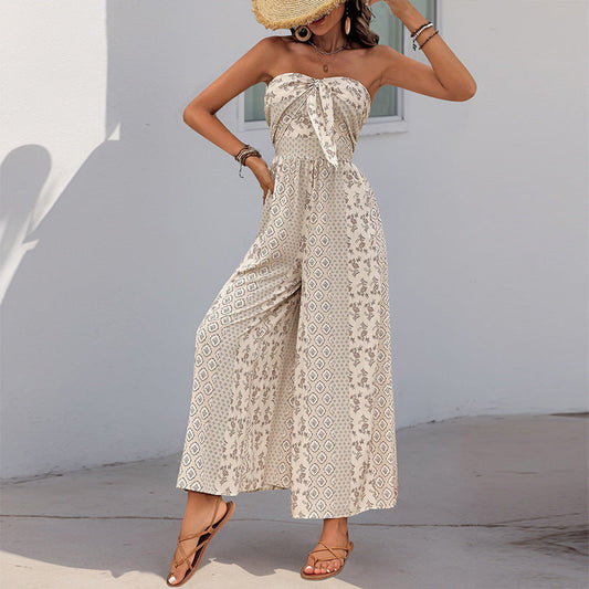Summer Binding Jumpsuit Ethnic Print Casual Sleeveless Tube Top One Piece Wide Leg Pants