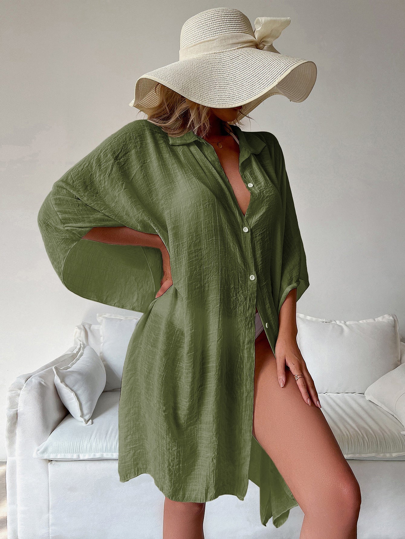 Bamboo Single Breasted Shirt Beach Cover up Sexy Cardigan Sun Protection Shirt Beach Cover Up