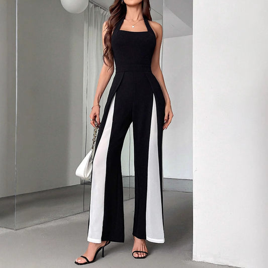Black And White Straight Leg Halter Jumpsuit