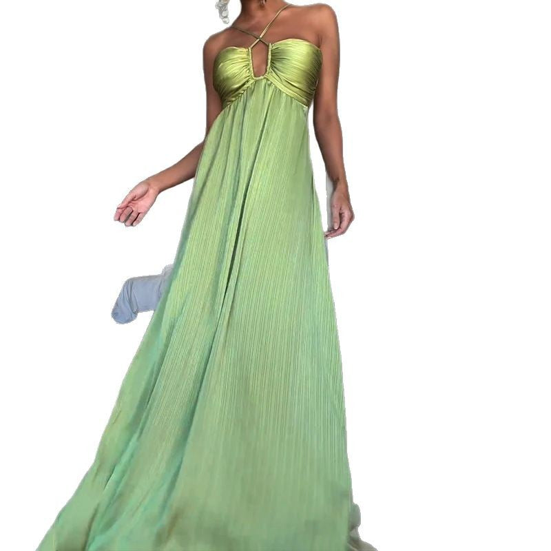 Halter Cut-out Low-cut Pleated Expansion Skirt For Vacation Dress