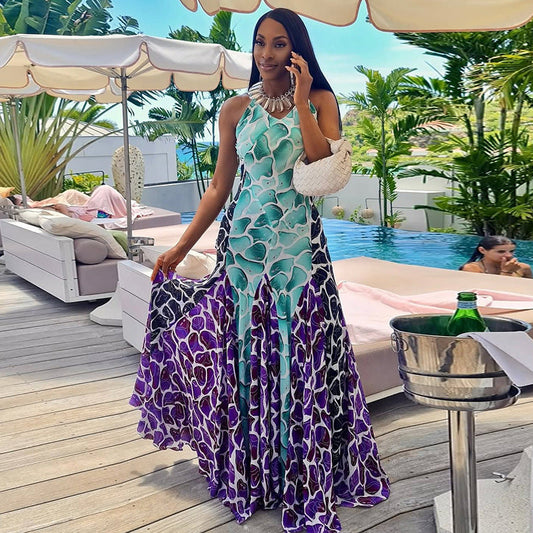 Women Printed Wear Patchwork Waist Slimming A line Dress Casual V neck Swing Maxi Dress