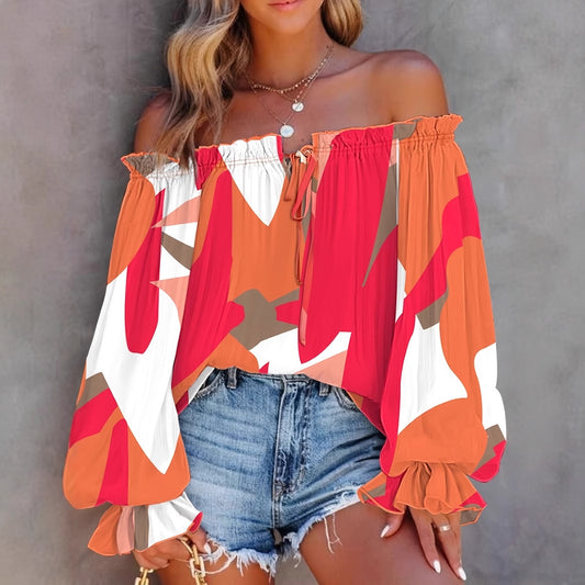 Printed Off-the-shoulder V-neck Lantern Sleeve Shirt