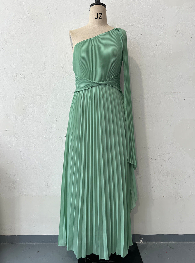 Diagonal Collar Raglan Sleeve Cinched Waist Slim-fit Long Dress