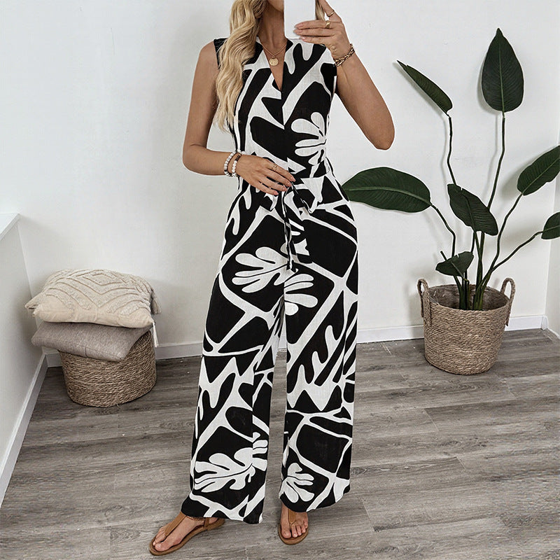 V neck Jumpsuit Summer Office Sleeveless Printed Jumpsuit