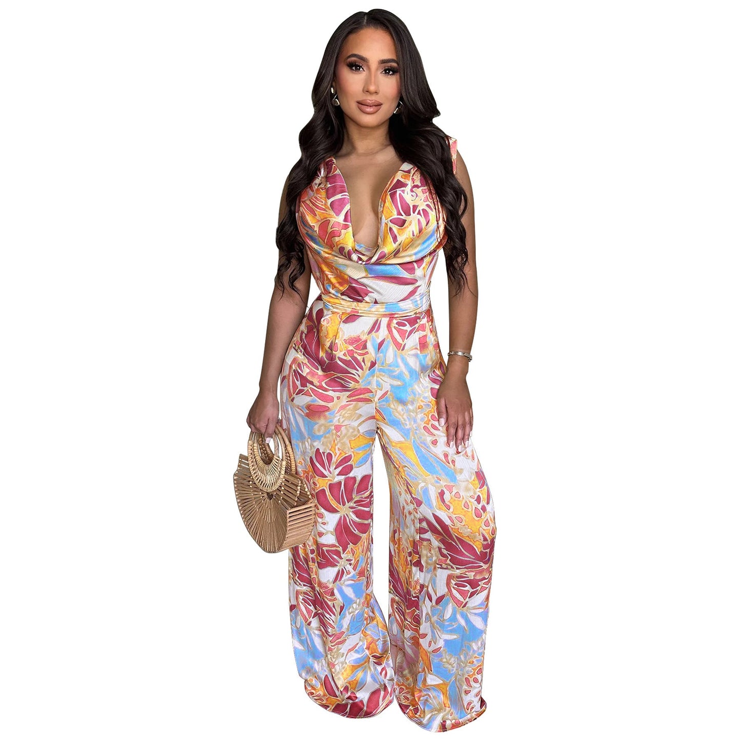 Women Wear Sleeveless Lace up Wide Leg Printed Jumpsuit