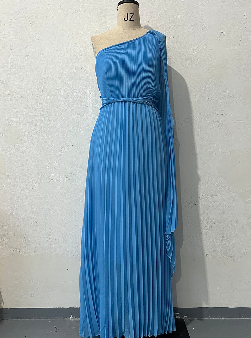 Diagonal Collar Raglan Sleeve Cinched Waist Slim-fit Long Dress
