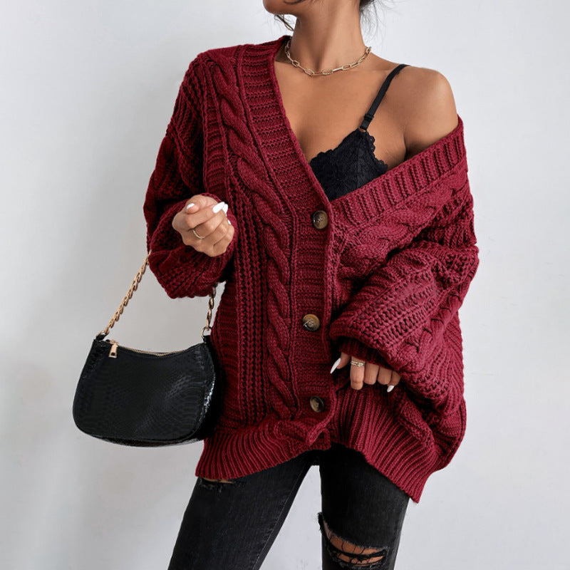V neck Sweater Women Retro Loose Twist Lantern Sleeve Cardigan Knitted Coat